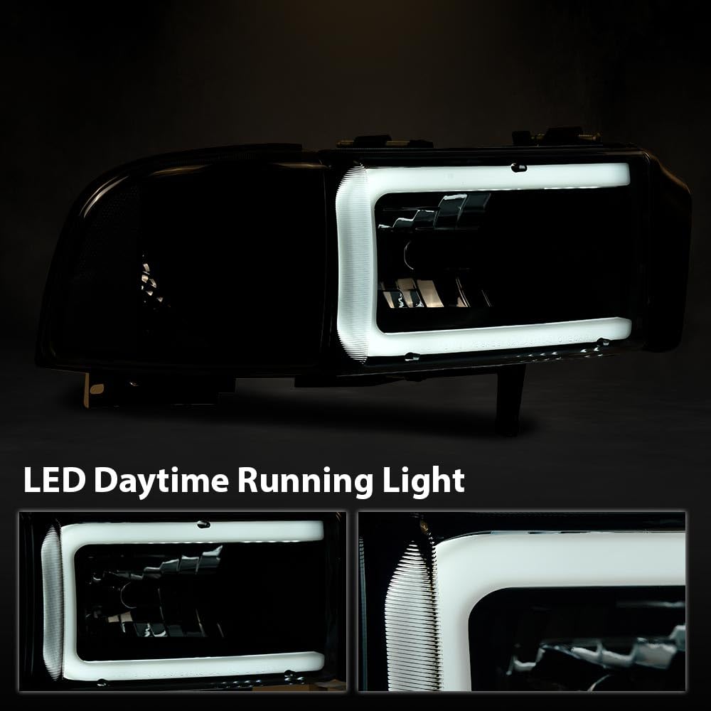 G-PLUS LED Light Strip Headlights Lamps w/o Bulbs Fit Dodge Ram 1500 1994-2001/Dodge Ram 2500 3500 1994-2002,Smoke Lens Black Housing Clear Reflector Bumper Headlamps,faros delanteros Assembly