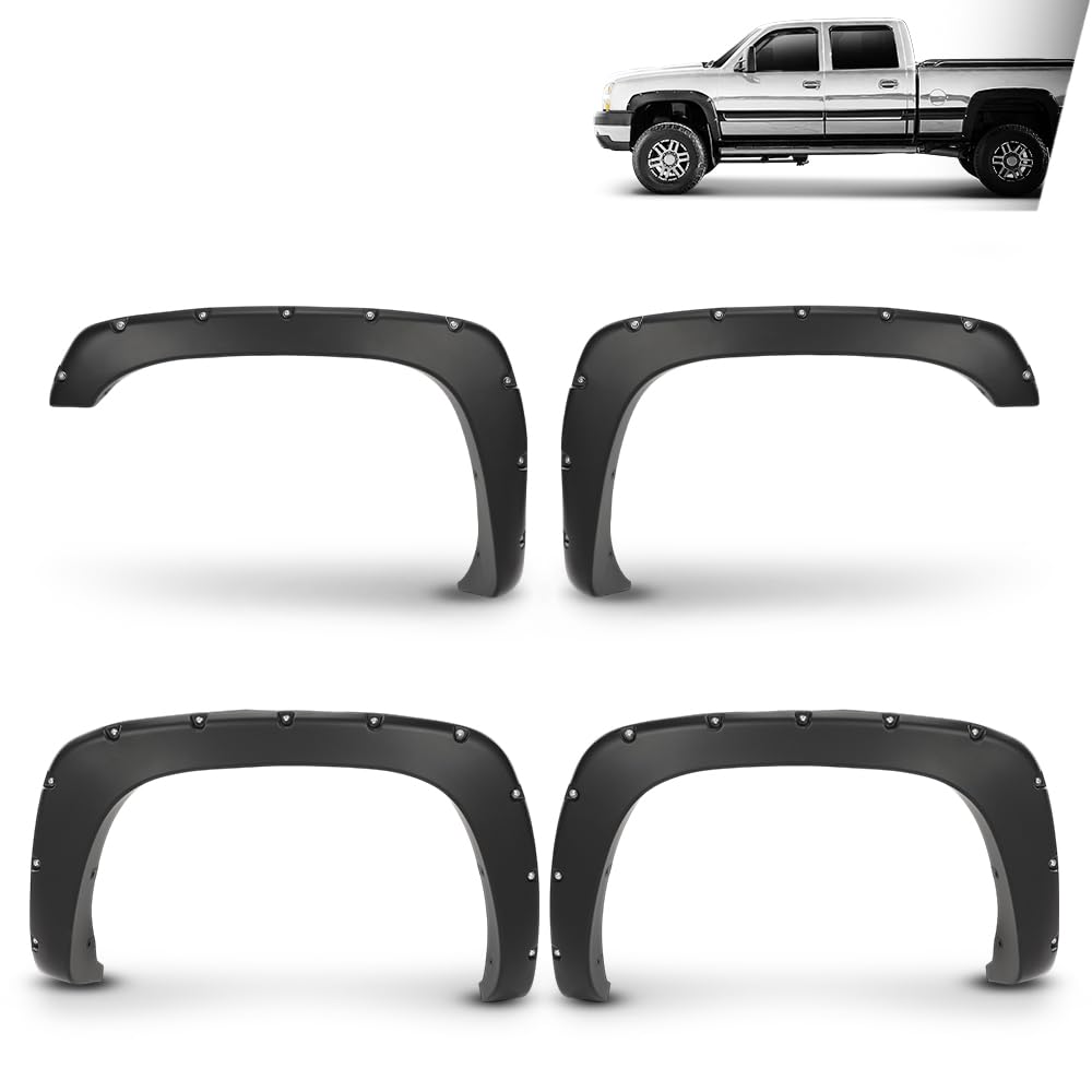 G-PLUS Fender Flares Compatible with 1999-2006 Chevy Silverado/1999-2006 GMC Sierra (Incl. 2007 Classic Models/Not fit Dually & Step-side models) Front Rear Smooth Rivet Wheel Protector Vent Trim