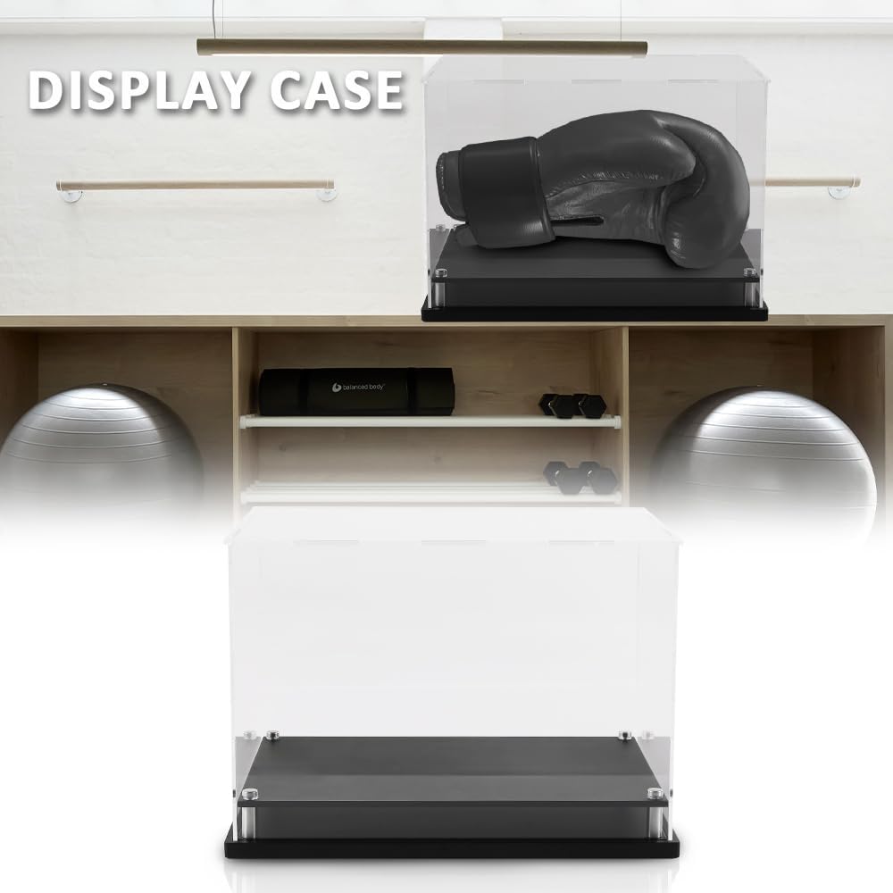 G-PLUS Clear Boxing Glove Display Case Football Glove Display Case for Full Size Boxing Wall Mount Self-Assembly, Black Base Riser Stand