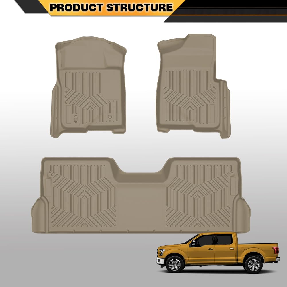 Floor Mat Fit Ford F150 SuperCrew Cab 2009 2010 2011 2012 2013 2014 All Weather Full Cover Protection TPE Car Floor Cargo Liner 1st & 2nd Row 3PCS Beige, alfombras para carro