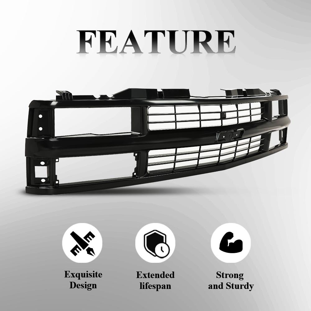G-PLUS Front Bumper Grille Grill Black Compatible with Chevy Silverado Blazer C/K 1500 2500 3500 Suburban Tahoe 1994-2000 For Models with Composite Headlights 15981092 GM1200239