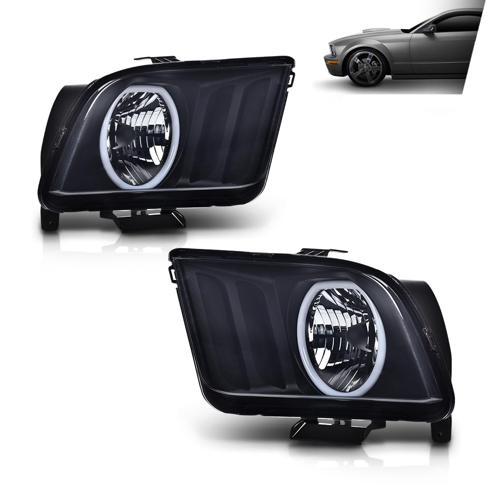 G-PLUS LED Headlights Assembly Compatible with Ford Mustang 2005-2009 4R3Z13008AA, 4R3Z13008AB Bumper Headlamps Left & Right Smoky Lens Black Housing Amber Reflector faros delanteros