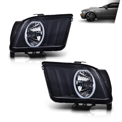 G-PLUS LED Headlights Assembly Compatible with Ford Mustang 2005-2009 4R3Z13008AA, 4R3Z13008AB Bumper Headlamps Left & Right Smoky Lens Black Housing Amber Reflector faros delanteros