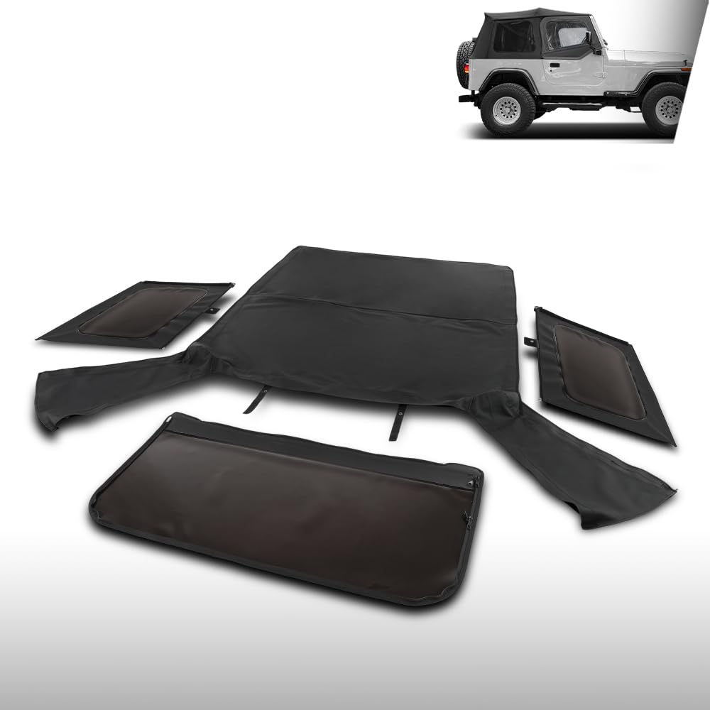G-PLUS Soft Top Sailcloth w/Plastic Windows Fit Jeep Wrangler 1987-1995 with Factory Squared Style Upper Doors, Not Fit With Full Doors or Upper Doors Rounded Like Full Doors 9870215, 9870217 Black