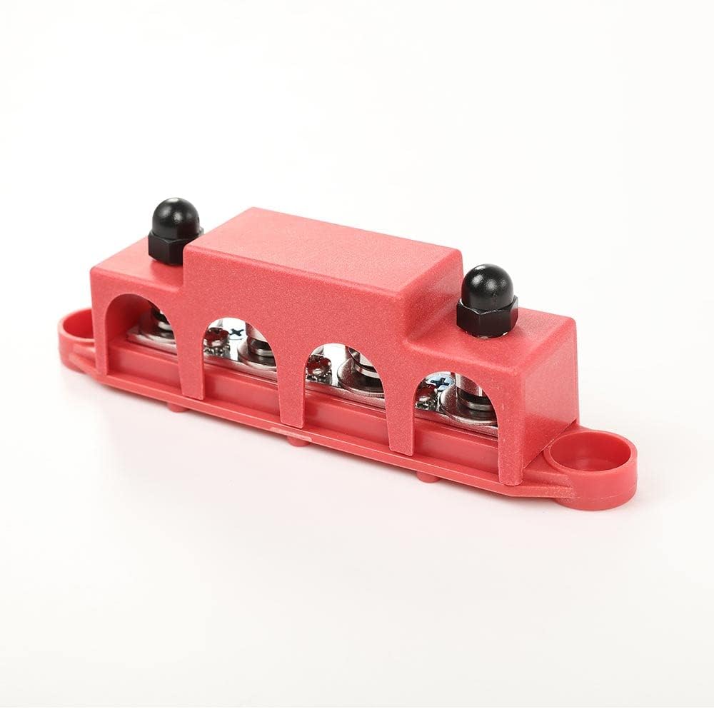 G-PLUS 4 Post Busbar Power Distribution Block with Cover,Busbar Power Battery Terminal Distribution Block 5/16" Posts 12V 250A, 4 Post Power Distribution Block Bus Bar Red