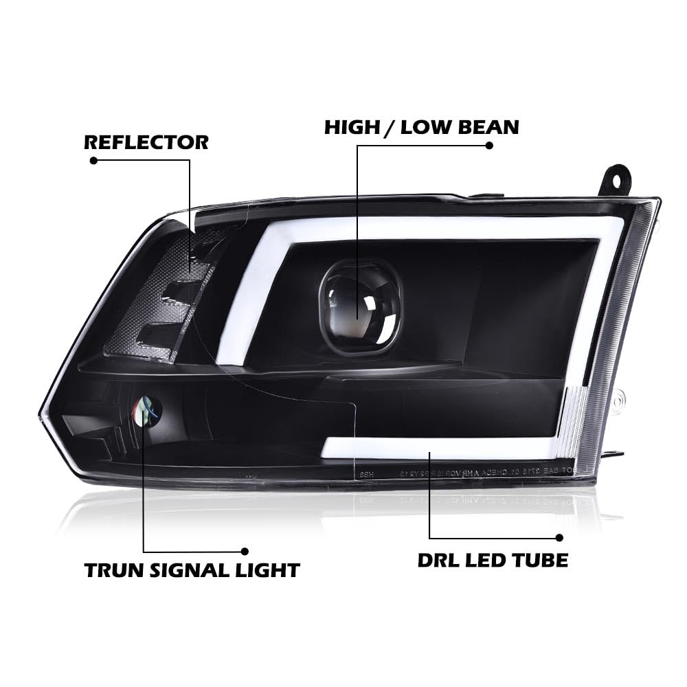 G-PLUS LED DRL Headlights Fit Dodge Ram 1500 2500 3500 2009-2012(New Body), Not Fit Dual Beam, Clear Lens Black Housing Clear Reflector Bumper Headlamps, faros delanteros Assembly