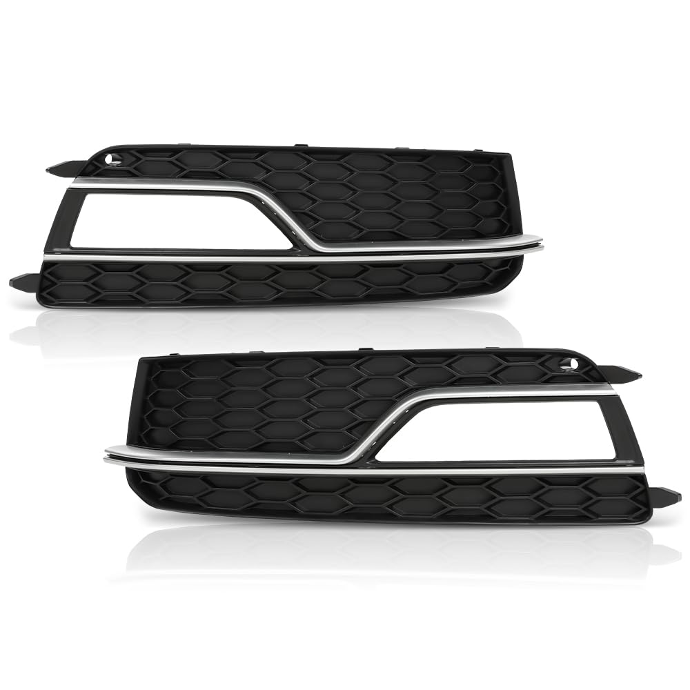 G-PLUS Front Bumper Fog Light Grille Grill Cover Black with Silver Ring Compatible with 2013-2016 Audi A5 S-Line/S5 (Facelift | LCI)/ Fit for First Generation/NOT Fit models with standard/RS bumper