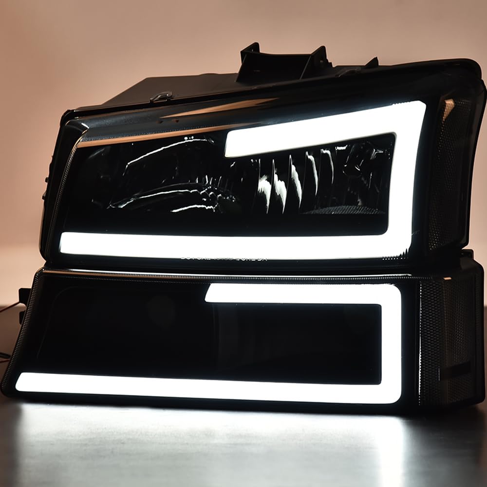 G-PLUS LED DRL Headlights, Compatible with 2003 2004 2005 2006 Chevy SIlverado/Avalanche 1500 2500 Bumper Headlamps, Smoky Lens Black Housing Clear Reflector,faros delanteros