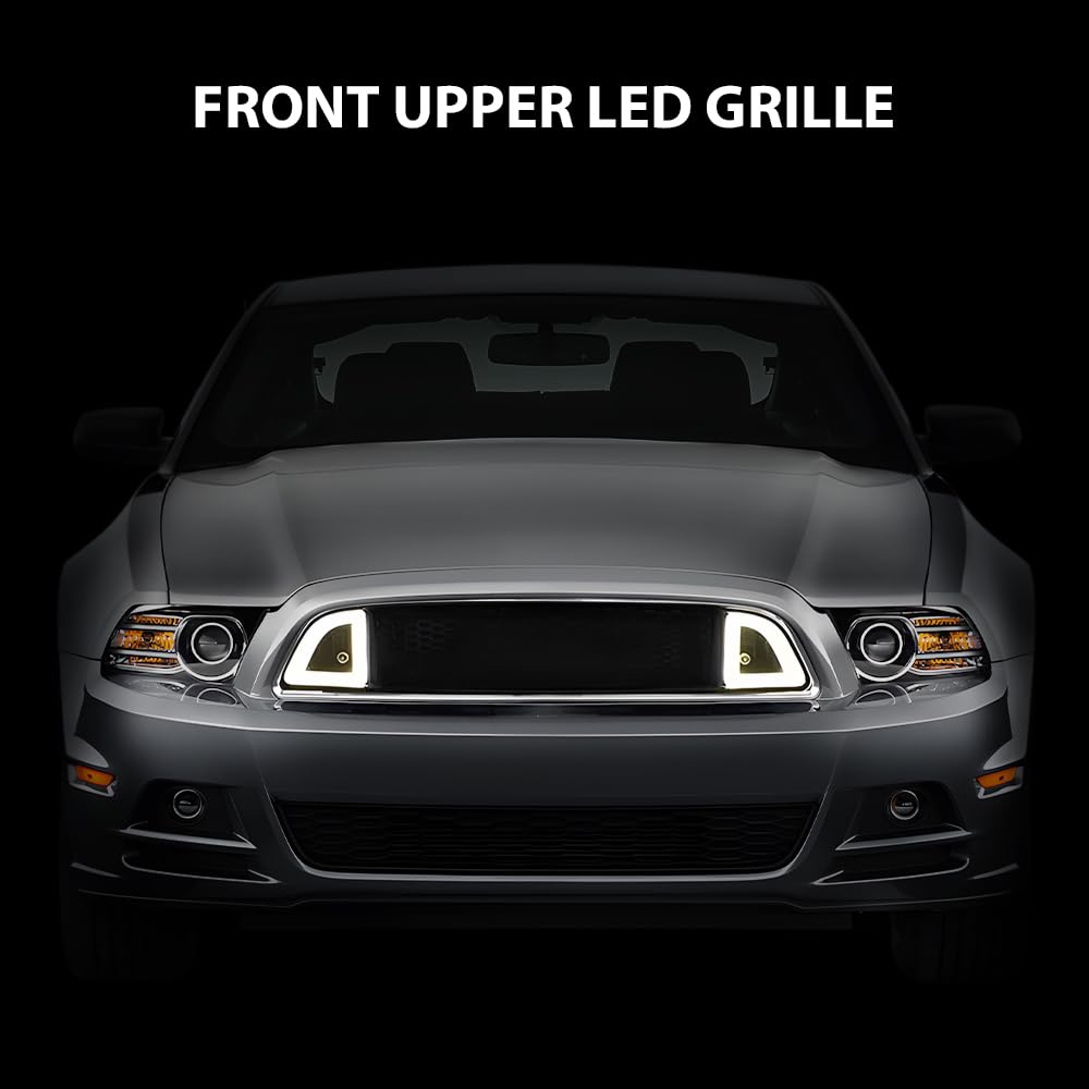 G-PLUS Honeycomb Mesh Front Bumper Upper Grill Compaitble with Ford Mustang 2013-2014 (Except Shelby) Upper Hood Grille With DRL LED Yellow Turn Signal Clear Lens ABS
