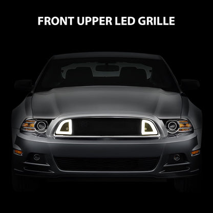 G-PLUS Honeycomb Mesh Front Bumper Upper Grill Compaitble with Ford Mustang 2013-2014 (Except Shelby) Upper Hood Grille With DRL LED Yellow Turn Signal Clear Lens ABS