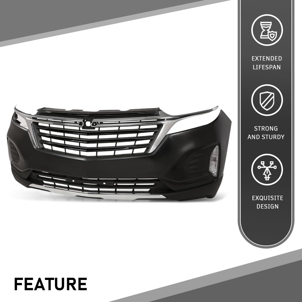 G-PLUS Front Upper + Lower Bumper Cover + Grills + Skid Plate + Fog Light + Tow Hook Compatible with Chevy Equinox 2022 2023 Front Bumper Cover Kit Grilles, Black