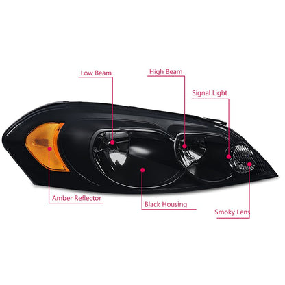 G-PLUS Headlights Assembly, Fit 2006-2007 Chevy Monte Carlo/2006-2013 Chevy Impala/2014-2016 Chevy Impala Limited Bumper Headlamps, Smoky Lens Black Housing Amber Reflector,faros delanteros