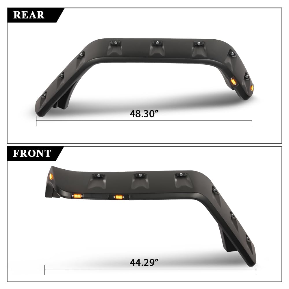 G-PLUS Fender Flares w/LED Side Maker, Compatible with Jeep JK Wrangler 2/4 Door Model 2007-2018, Unlimited, Rubicon Unlimited, Smooth Pocket Riveted 4 PCS Wheel Flares