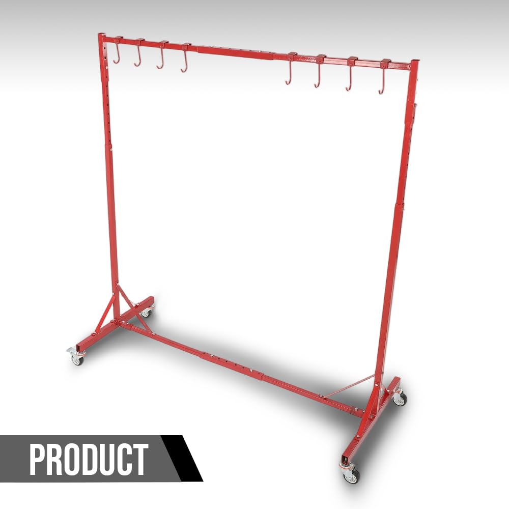 G-PLUS 5ft-7ft Adjustable Paint Stand Automotive Painting Rack 8 Hooks w/ 4 Swiveling Wheels Auto Body Stand for Painting Drying Rack Red
