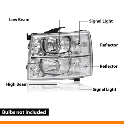 G-PLUS Headlights Assembly, Fit Chevy Silverado 2007-2013,Fit Silverado 2500 3500 & HD 2007-2014 Clear Lens Chrome Housing Clear Reflector,faros delanteros