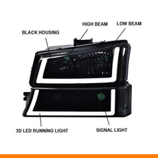 G-PLUS LED DRL Headlights for Chevy Silverado 1500 2500 3500 2003-2006 Black Housing Close-up View