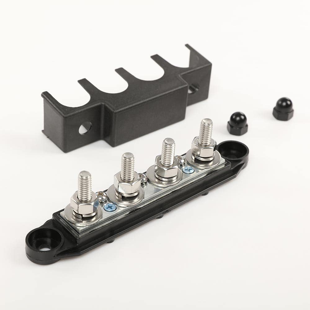 G-PLUS 4 Post Power Distribution Block Bus Bar with Cover, Busbar Power Battery Terminal Distribution Block 5/16" Posts 12V 250A, 4 Post Busbar Power Distribution Block Black