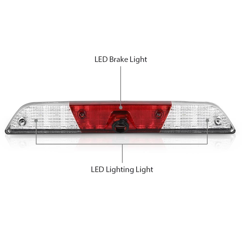 G-PLUS LED 3rd Third Brake Light w/Camera Tow Vision High Mount Fit Ford F250 F350 Super Duty 2017-2022 High Mount Stop Lamp, Red & Clear Lens Chrome Housing