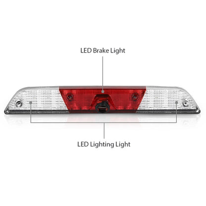 G-PLUS LED 3rd Third Brake Light w/Camera Tow Vision High Mount Fit Ford F250 F350 Super Duty 2017-2022 High Mount Stop Lamp, Red & Clear Lens Chrome Housing