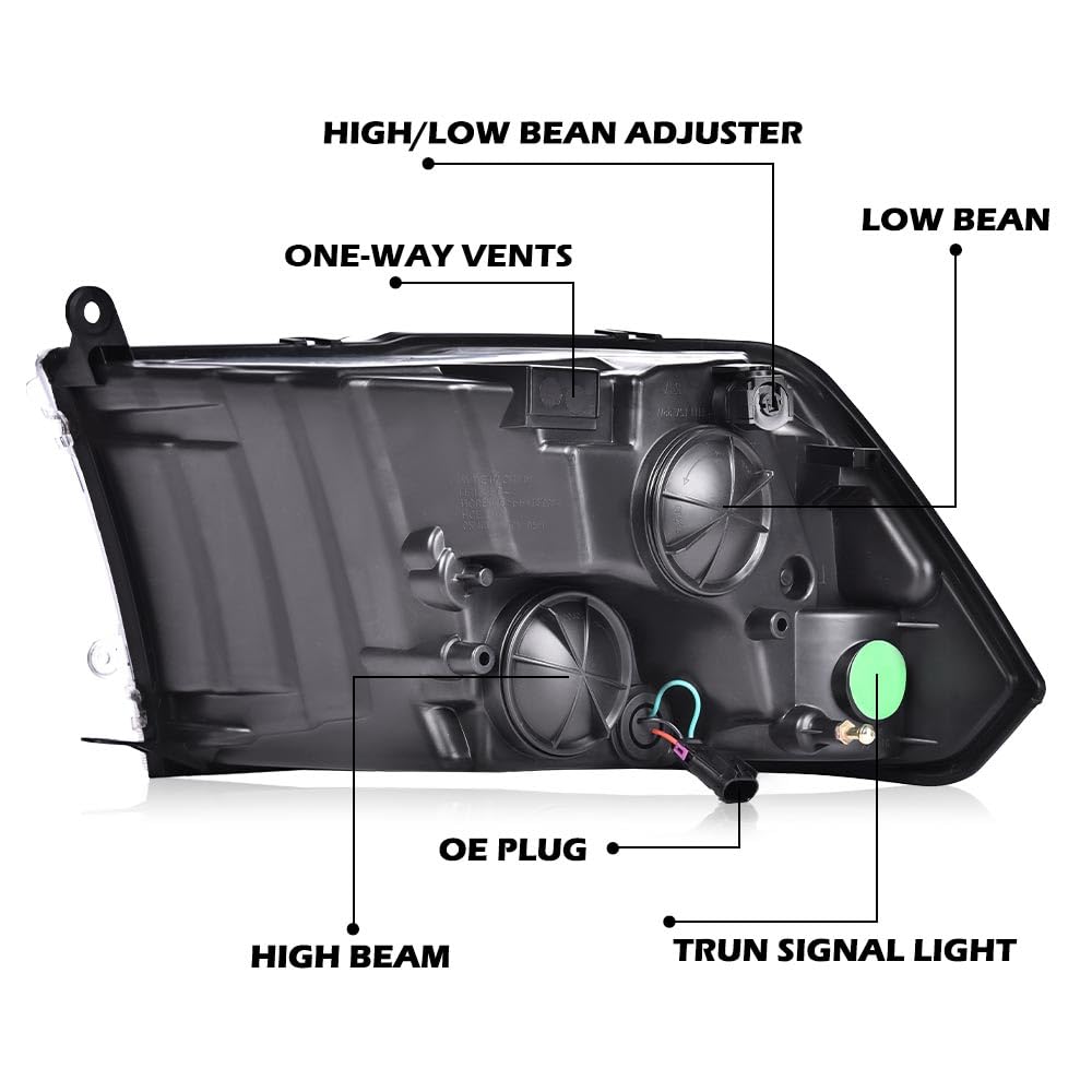 G-PLUS Headlights Fit Dodge Ram 1500 2500 3500 2009-2012 New Body, Only Fit Factory Quad, Smoky Lens Chrome Housing Clear Reflector, Headlamps, faros delanteros Assembly