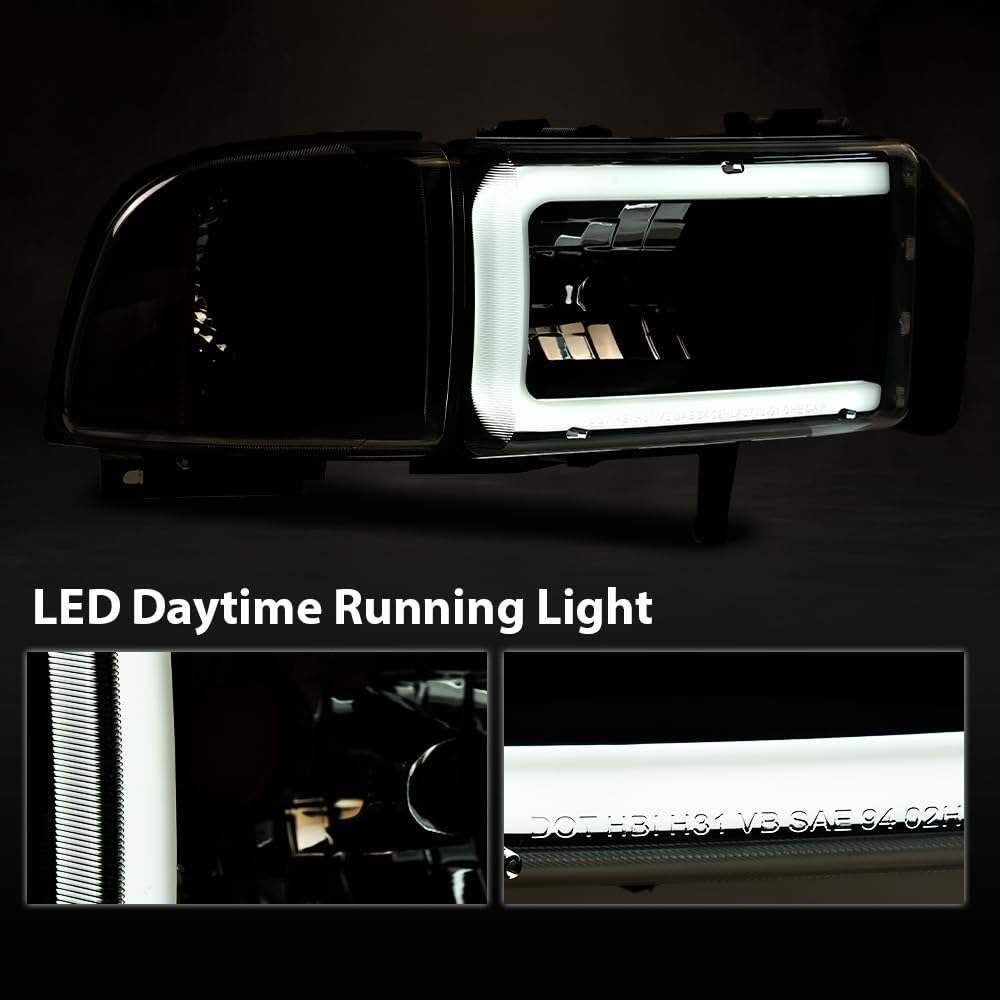 G-PLUS LED Light Strip Headlights w/o Bulbs Fit Dodge Ram 1500 1994-2001/Dodge Ram 2500 3500 1994-2002 Clear Lens Black Housing Clear Reflector Bumper Headlamps,faros delanteros Assembly