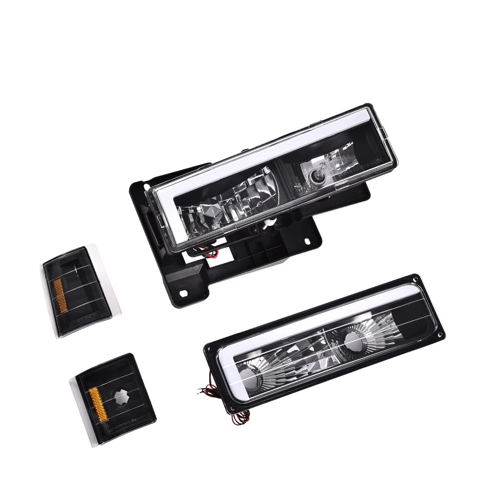 G-PLUS LED DRL headlights, Compatible with 1994 1995 1996 1997 1998 1999 2000 GMC C10 C/K C1500 bumper Headlamp, Clear lens Black Housing Amber Reflector