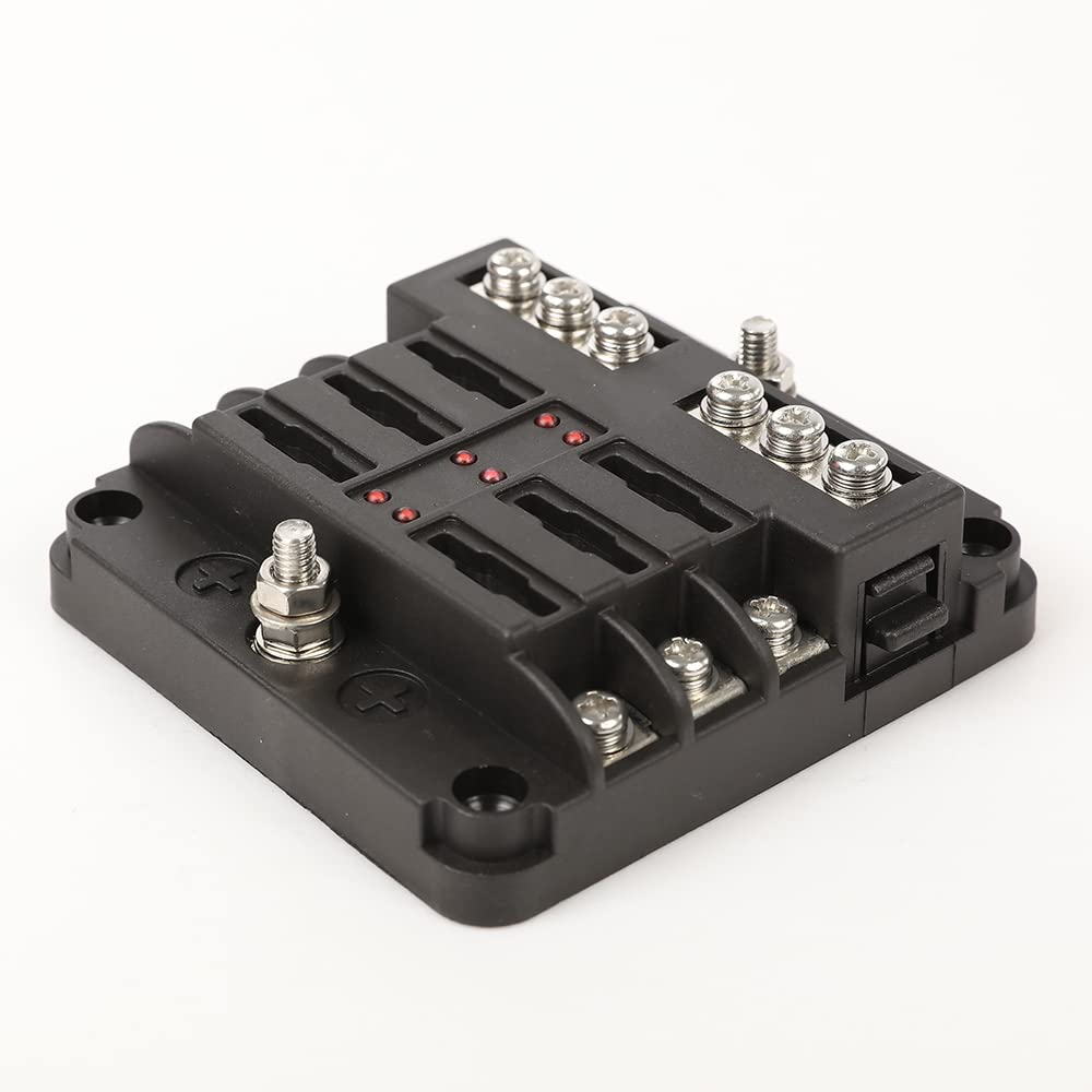 G-PLUS 6 Way Fuse Block Blade Fuse Box with LED Indicator for 12V 24V Car Marine 6 Circuit Fuse Holder Fuse Block 12V/24V 6 Way Car Auto Blade Fuse Board Box