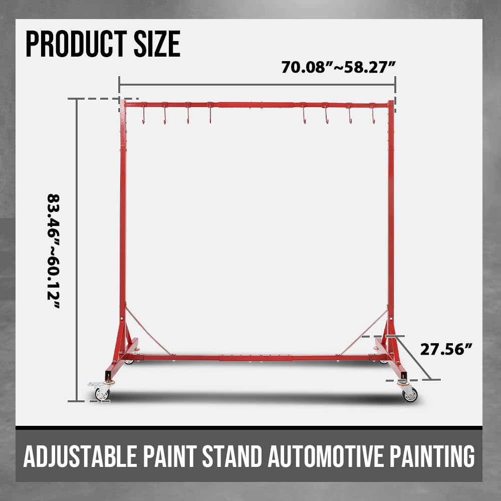 G-PLUS 5ft-7ft Adjustable Paint Stand Automotive Painting Rack 8 Hooks w/ 4 Swiveling Wheels Auto Body Stand for Painting Drying Rack Red