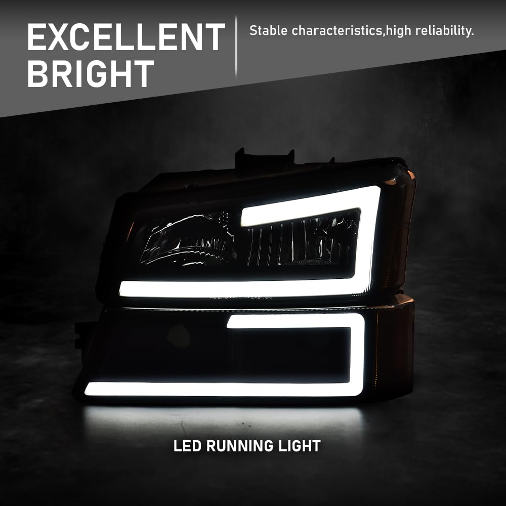 G-PLUS LED Headlights Assembly, Compatible with Chevy Silverado 1500 2500 3500&HD 2003 2004 2005 2006 Bumper Headlamps, Smoky Lens Black Housing Amber Reflector,faros delanteros