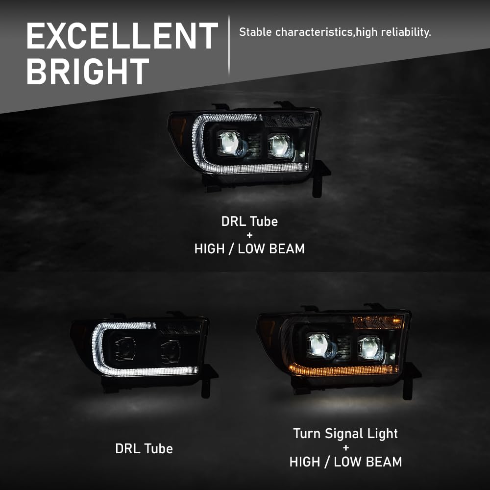 G-PLUS LED Tube Headlights Projector Assembly Compatible with Toyota Tundra 2007-2013, Fit Toyota Sequoia 2008-2017 Left & Right Headlamps, Clear Lens Black Housing Amber Reflector, TO2502171