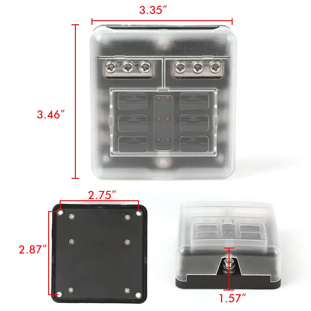G-PLUS 6 Way Fuse Block Blade Fuse Box with LED Indicator for 12V 24V Car Marine 6 Circuit Fuse Holder Fuse Block 12V/24V 6 Way Car Auto Blade Fuse Board Box