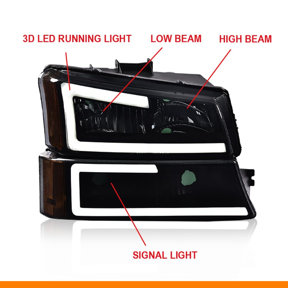 G-PLUS LED DRL Headlights Assembly + Tail Lights Fit Chevy Silverado 1500 1500 HD 2500 2500 HD 2003-2006, Smoky Lens Black Housing Amber Reflector Headlamps Assembly Dark Red Taillights