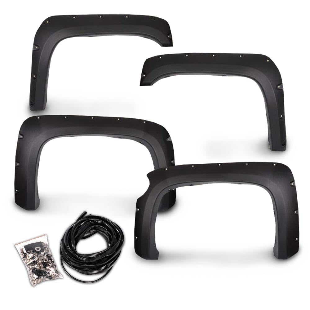 G-PLUS Pocket Rivet Textured Fender Flares 4 PCS Compatible with 2007-2013 Chevy Silverado 1500, Only Fit 5.8' Short Bed Crew Cab (Not Fit 07 Classic Models & GMC Sierra) Wheel Flares Protector Cover