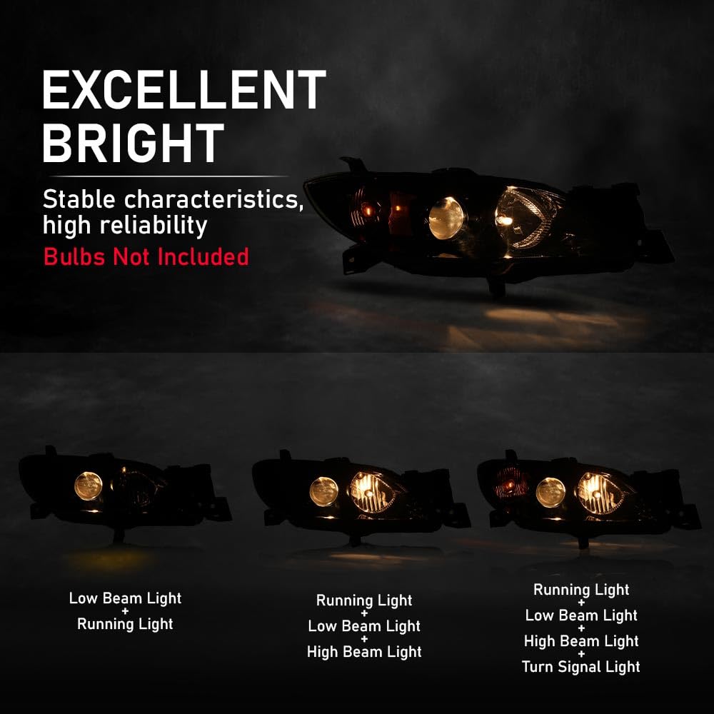 G-PLUS Projector Headlights Headlamps Fit Mazda 3 4-Door Sedan 2004-2009 NOT Fit Hatchback Models, Not Fit Factory HID Models Clear Lens Black Housing Clear Reflector,faros delanteros