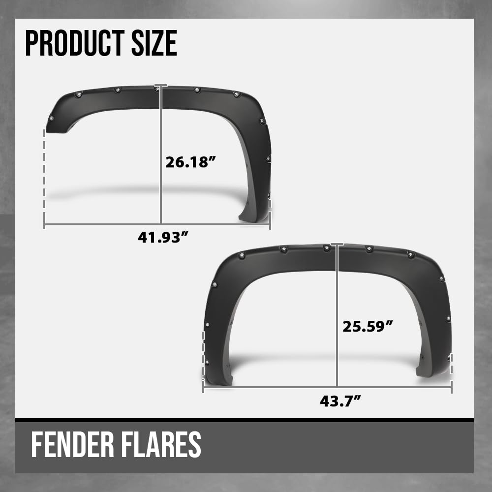 G-PLUS Fender Flares, Compatible with 1999-2006 Chevy Silverado/1999-2006 GMC Sierra (Incl. 2007 Classic Models/Not fit Dually & Step-side models), Smooth Rivet Wheel Protector Vent Trim 4pcs