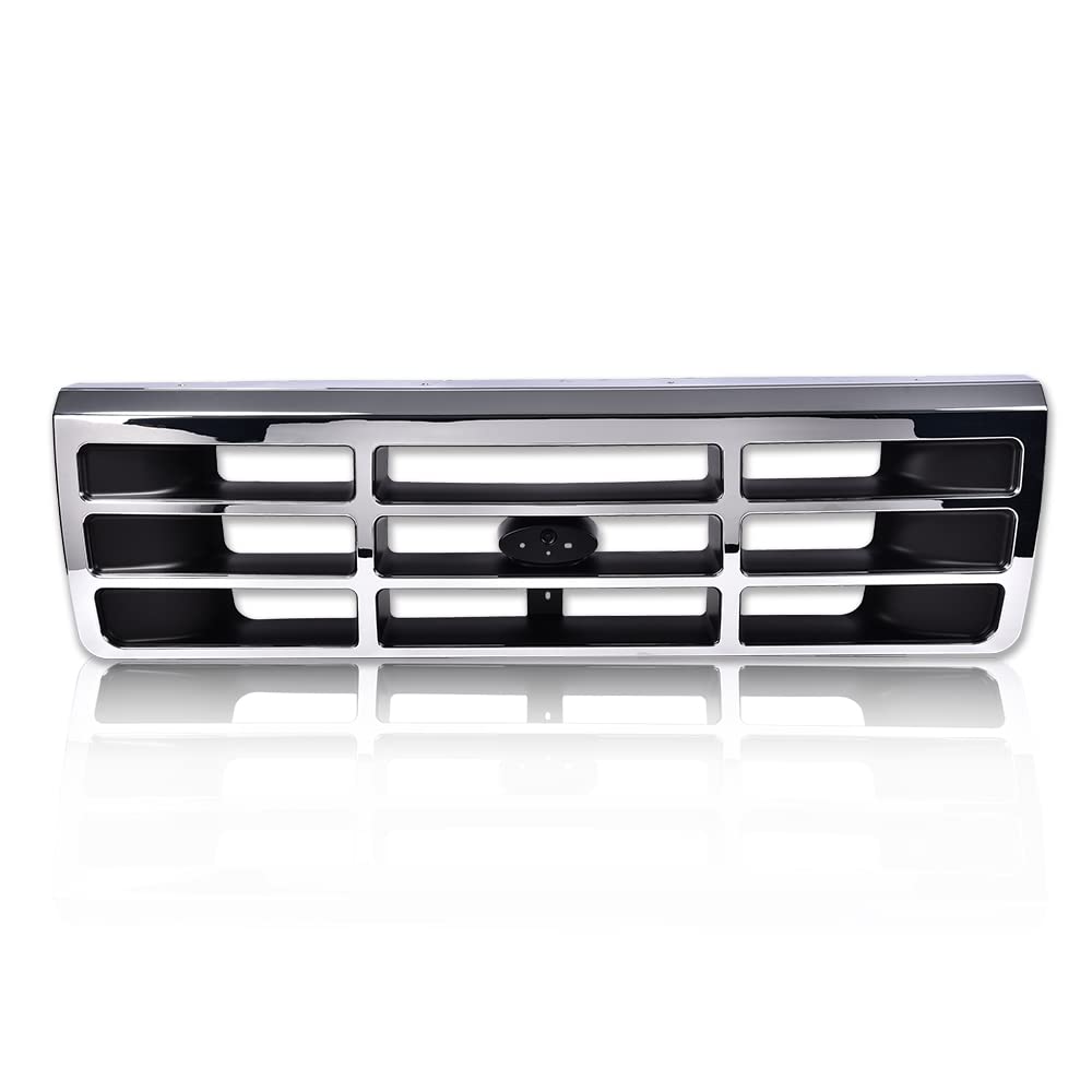 G-PLUS Front Grille Compatible with 1992-1997 Ford F250 F350 Platinum Chrome w/Emblem Truck Replacement