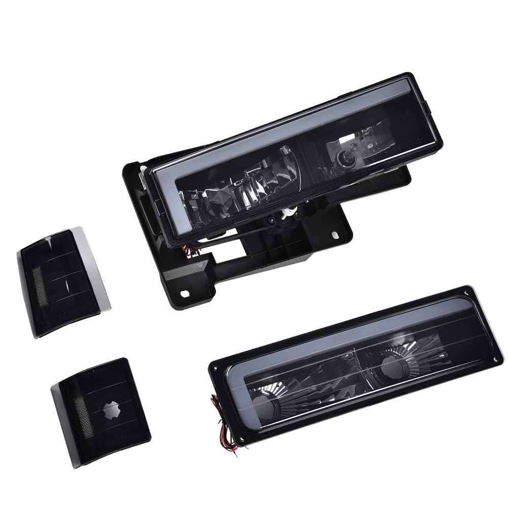 G-PLUS LED DRL headlights, Compatible with 1994 1995 1996 1997 1998 1999 2000 GMC C10 C/K C1500 bumper Headlamp, Smoky lens Black Housing Clear Reflector