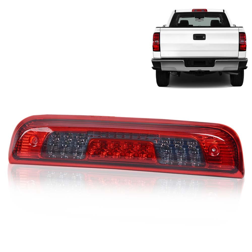 G-PLUS Rear LED Third Brake Light Compatible With Chevy Silverado/GMC Sierra1500/2500HD/3500 2014 2015 2016 2017 2018,3RD Cargo Led Tail Lamps Red Smoky lens Chrome Housing