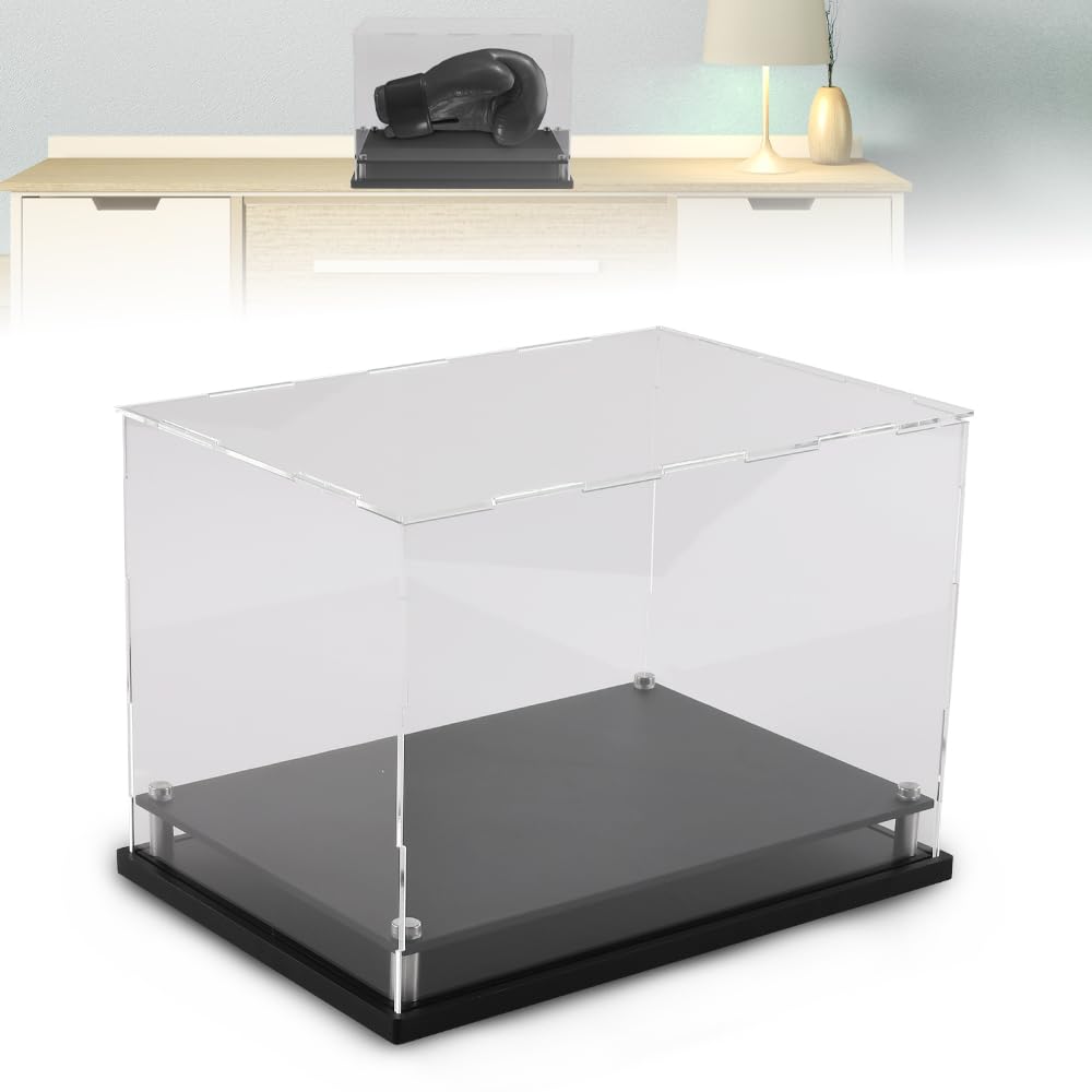 G-PLUS Boxing Glove Display Case Fit for Full Size Boxing Glove,Baseball Glove Display Case Holder Showcase Clear Case Black Base Riser Stand