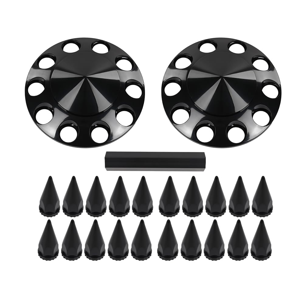 G-PLUS Front Wheel Covers 33mm Spiked Hub Axle Compatible with Semi-Trucks 22.5" and 24.5" Wheels, ABS Plastic Black Pair Semi Truck Hub Covers