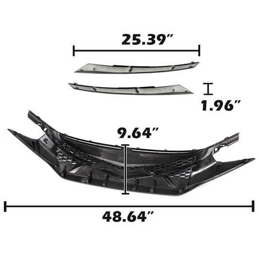 G-PLUS Compatible with Honda Civic Sedan Coupe 2016-2018 Mesh Grille Front Bumper JDM Battle Style Hood Grills + 2 PCS Eyebrows Glossy Black ABS Plastic