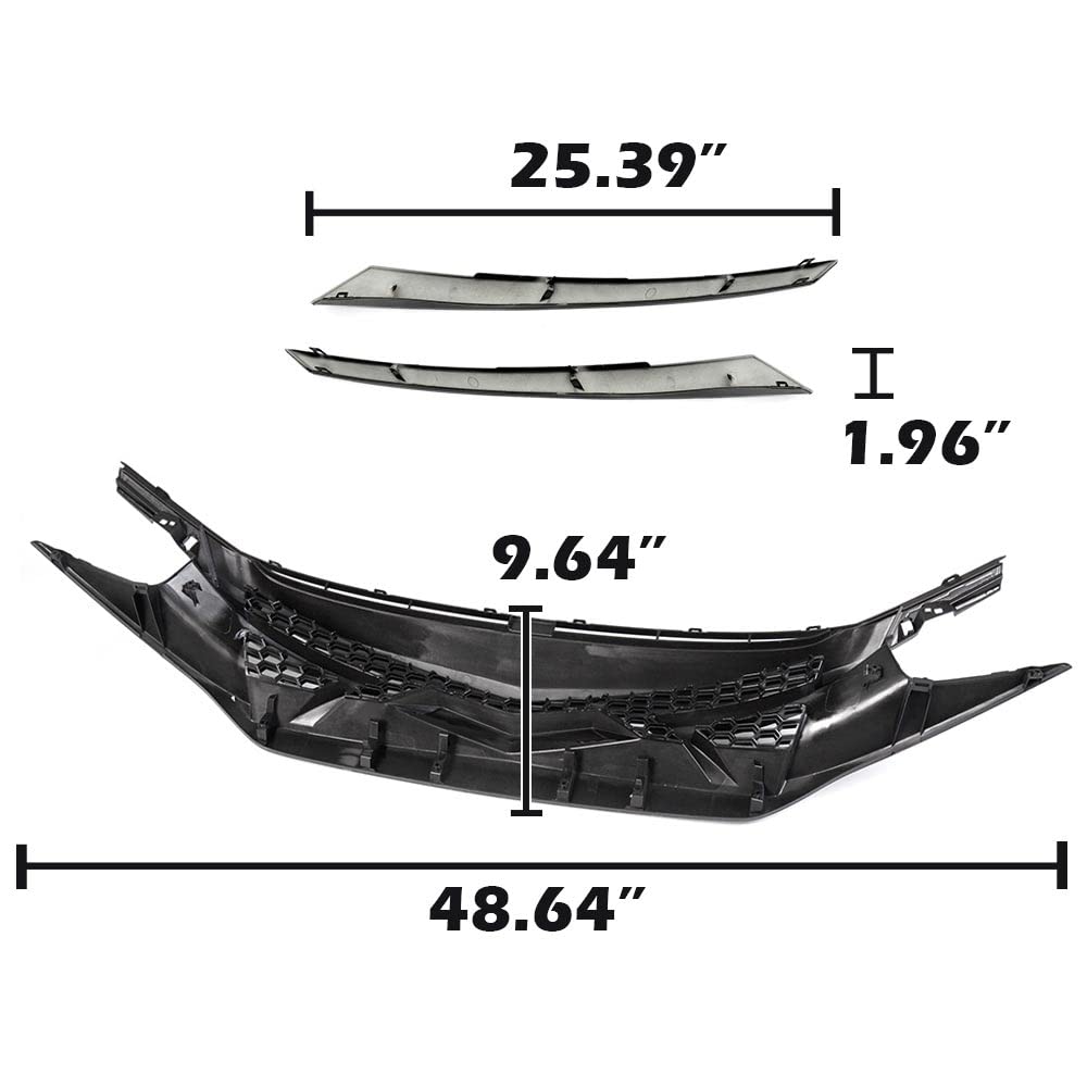G-PLUS Front Upper Bumper Mesh Grille Compatible with Honda Civic 10th GEN 2016 2017 2018 Honeycomb Style ABS Plastic Hood Grill + Eye Lid Replacement Glossy Black