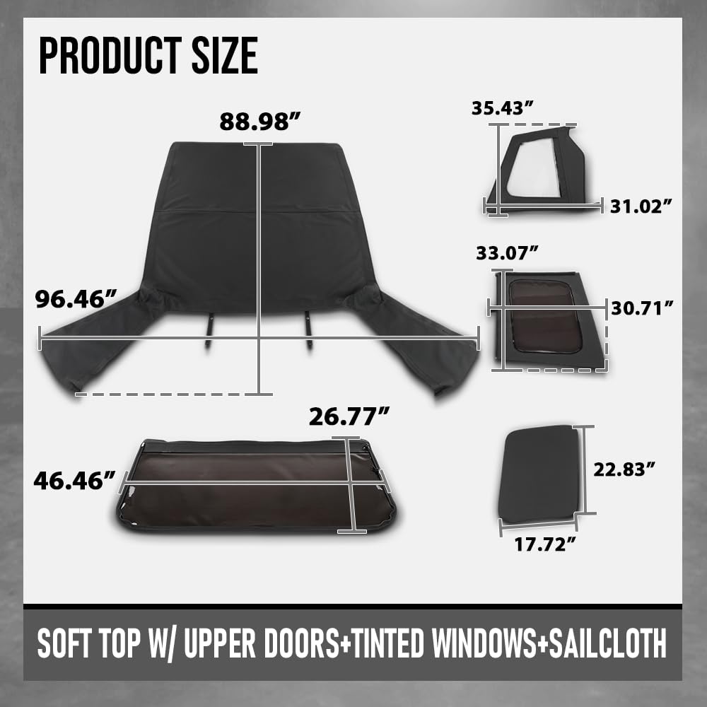 G-PLUS Soft Top Sailcloth Black W/Plastic Windows Compatible with Jeep Wrangler 1987-1995 with Factory Squared Style Upper Doors 9870215, 9870217 Black