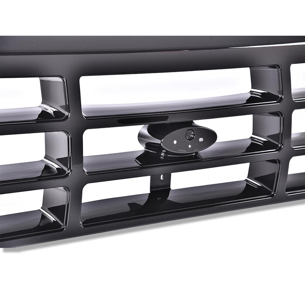 G-PLUS Front Grille Grill Compatible with 1992-1996 Bronco/1992-1997 Ford F150 F250 F350 Platinum Chrome w/Emblem Truck Replacement, Gloss Black FO1200173 FO2512130 FO2513131
