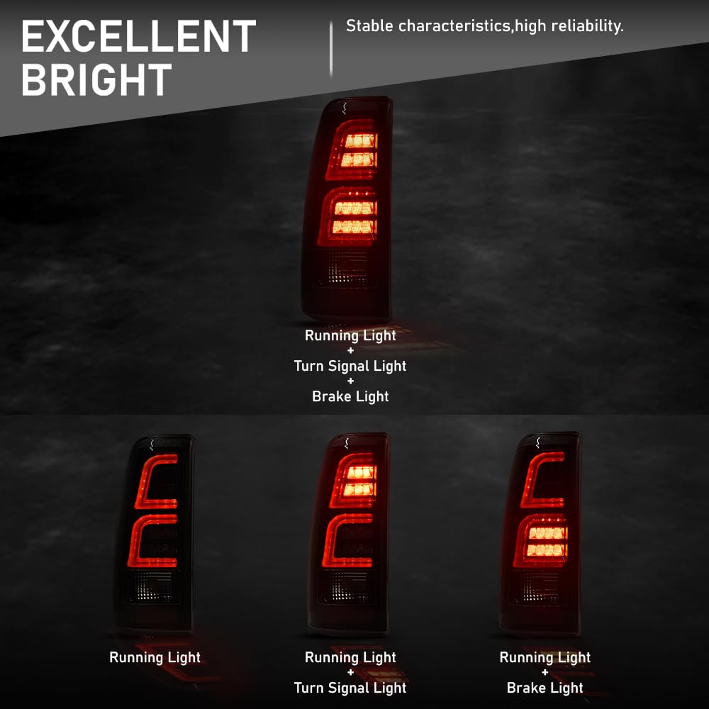 G-PLUS Rear LED Tail Light Assembly Fit Chevy Silverado 1500 2500 99-02 /Fit GMC Sierra 1500 2500 99-06,Driver & Passenger Brake Lamps,Clear/Black w/Red light Bar Luces Traseras Faros Traseros