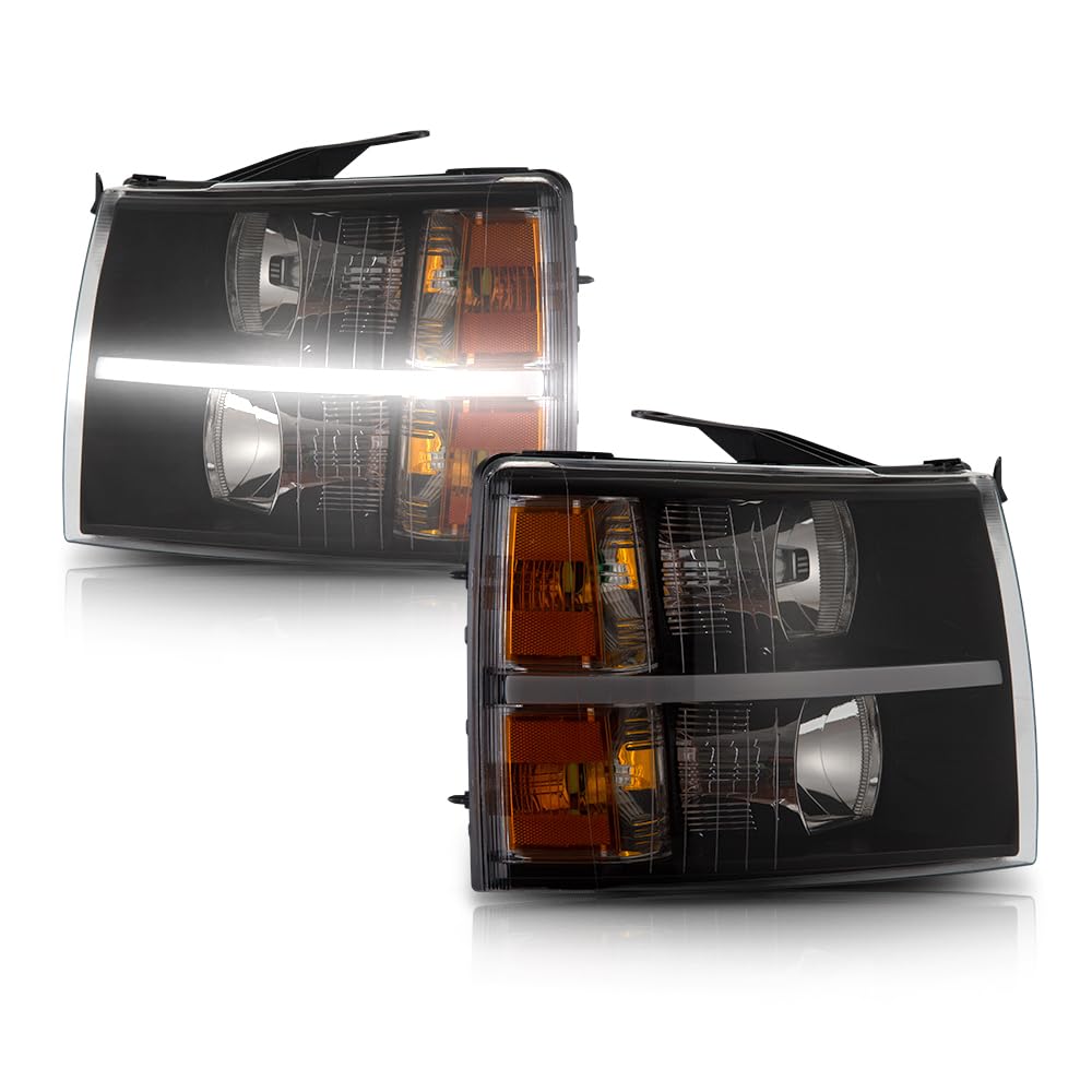 G-PLUS LED DRL Headlights, Compatible with 2007-2014 Chevy Silverado 2500 3500 & HD/Fit 2007-2013 Chevy Silverado 1500 Bumper Headlamps, Clear Lens Black Housing Amber Reflector,faros delanteros