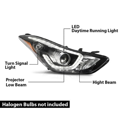 G-PLUS Headlight DRL LED Projector Right Passenger Compatible with Hyundai Elantra 2014-2016 Clear Lens Black Housing Amber Reflector Bumper Headlamps,faros delanteros