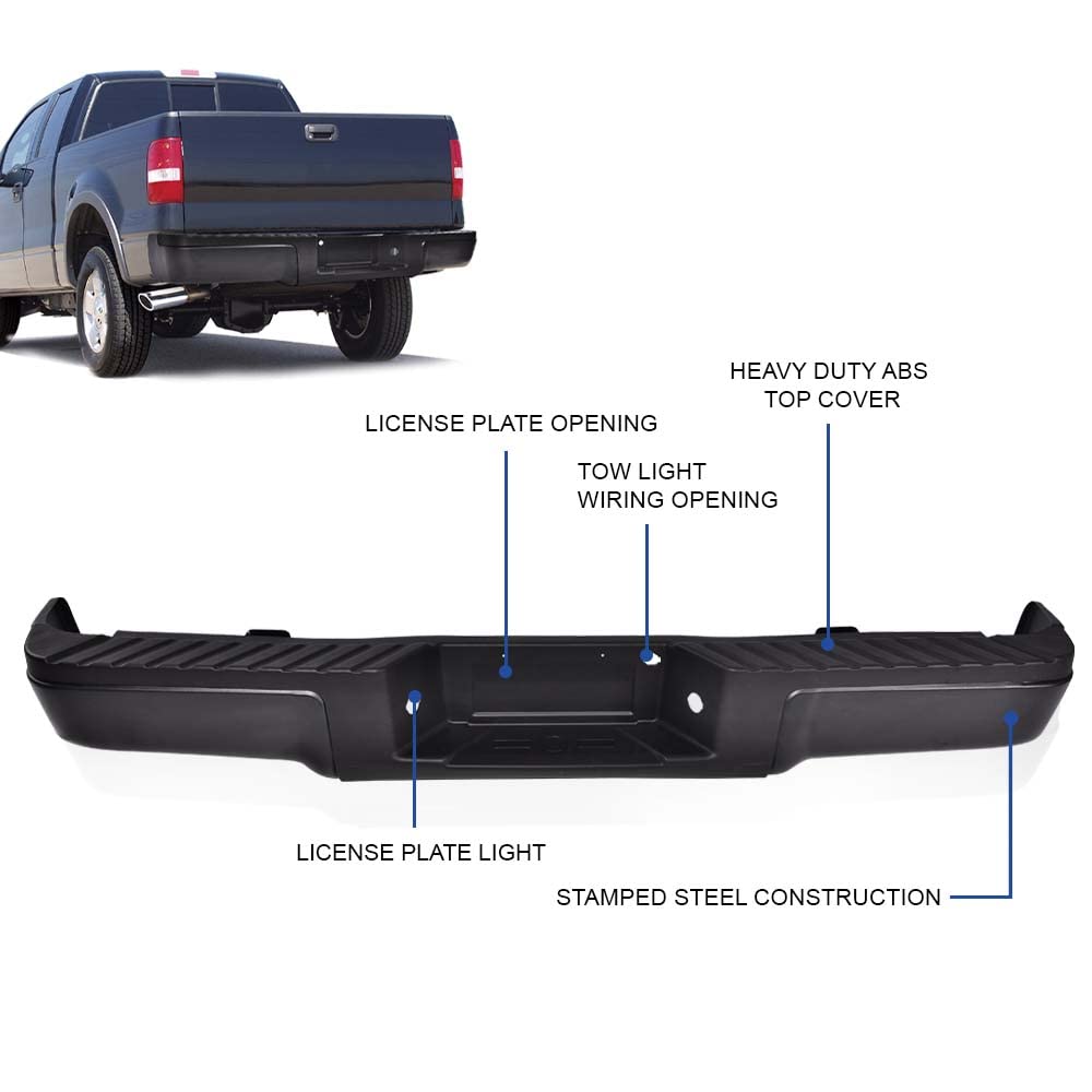 G-PLUS Rear Step Bumper Assembly Compatible With 2009-2014 Ford F150 Truck 9L3Z17B807A 9L3Z17906A FO1103160 Black Steel Back Step Bumper w/o Sensor Hole