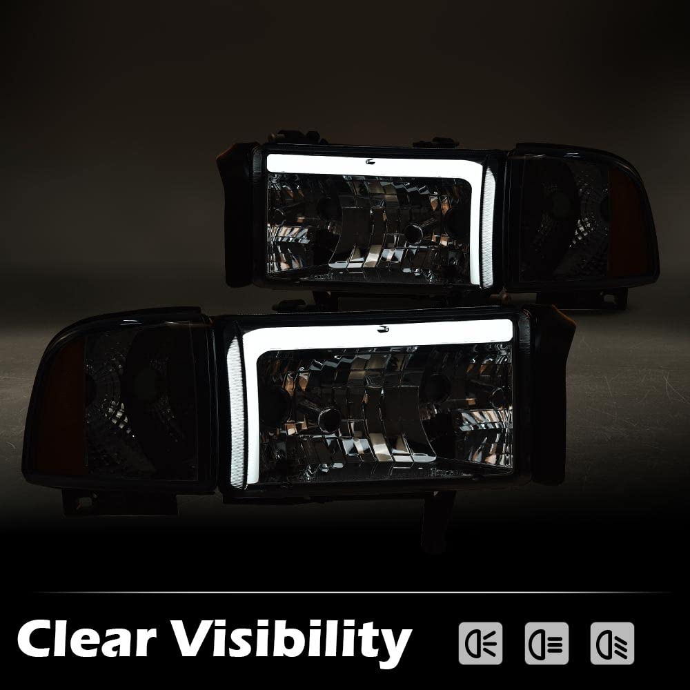 G-PLUS LED Headlights Assembly Fit Dodge Ram 1500 1994-2001,Fit Dodge Ram 2500 3500 1994-2002(Not for Ram Sport) Headlamps w/o Bulbs Smoky Lens Chrome Housing Amber Reflector Left & Right