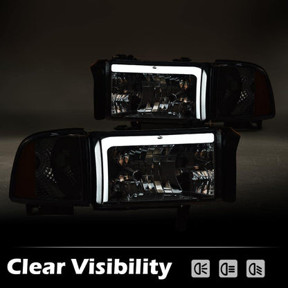 G-PLUS LED Headlights Assembly Fit Dodge Ram 1500 1994-2001,Fit Dodge Ram 2500 3500 1994-2002(Not for Ram Sport) Headlamps w/o Bulbs Smoky Lens Chrome Housing Amber Reflector Left & Right